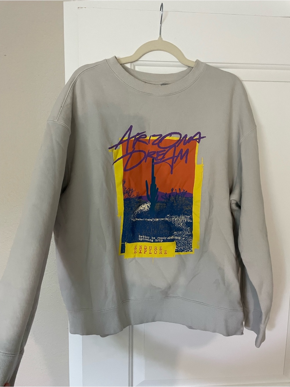 H&M Men's Crewneck Sweatshirt - Light Gray with Orange, Yellow & Purple Graphic